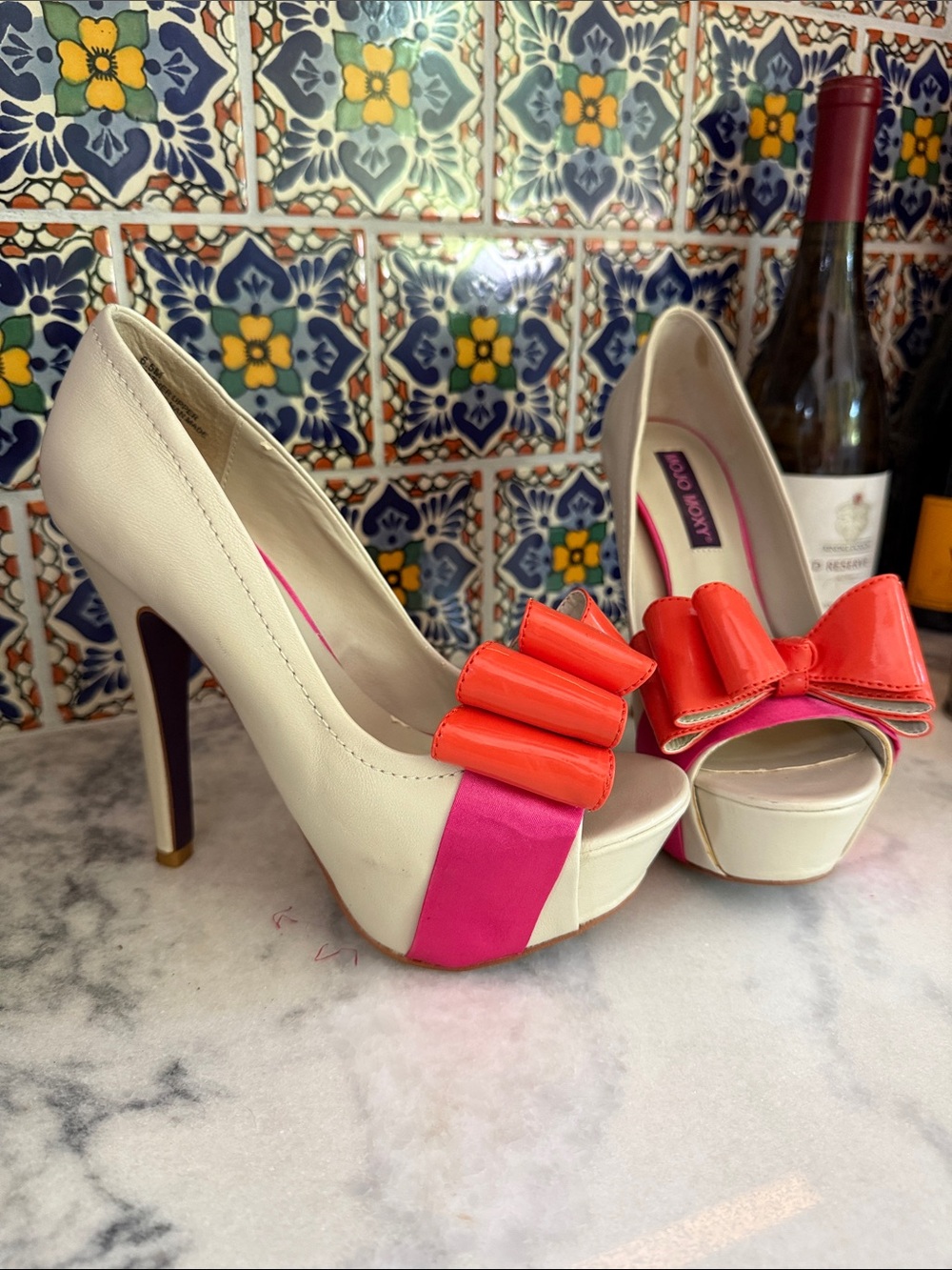 Mojo Moxy Ivory Platform Peep-Toe Heels with Hot Pink Strap and Coral Bow.